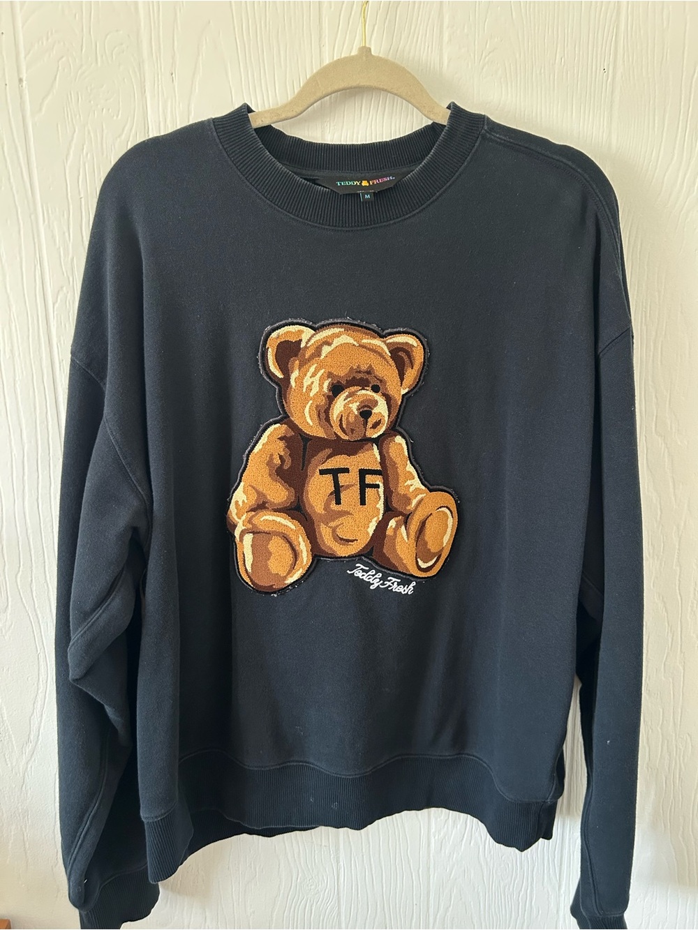 Teddy Fresh Black Crewneck Sweater with Brown Teddy Patch